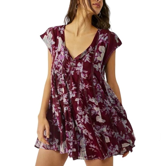 Free People Sully Mini Dress Floral Raisin Combo Festival Boho - Picture 1 of 16